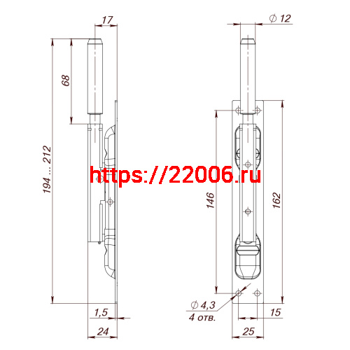 Задвижка Fuaro (Фуаро) торцевая RIGEL-set/160 D12x80mm (TDB set 160-24) в комплекте с ригелем фото 2