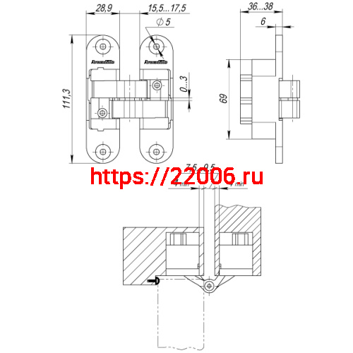 Петля Armadillo (Армадилло) скрытой установки U3D6200L AB левая (Architect 3D-ACH 60) бронза 60 кг фото 4 Петля Armadillo (Армадилло) скрытой установки U3D6200L AB левая (Architect 3D-ACH 60) бронза 60 кг фото 4