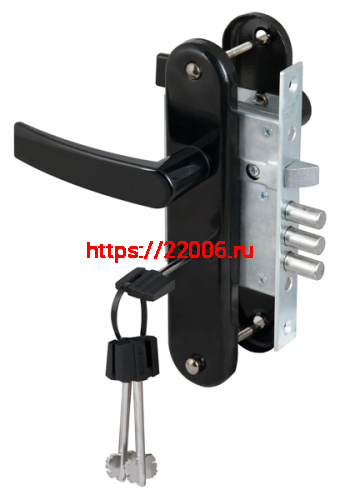 Замок Sam (Сам) врезной сувальдный с защёлкой в комплекте с ручкой ЗВ9-6/13 (черный глянец), 3 кл. /77305/