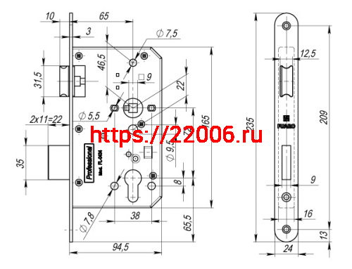 Корпус Fuaro (Фуаро) врезного замка c защёлкой FP.C-65.72-0434 (FL-0434) фото 3