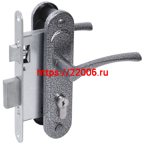 Замок Absolyute (Абсолют) врезной цилиндровый с защёлкой в комплекте с ручкой ЗВ4-3/07 (серебро антик), 4 кл.