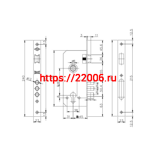 Корпус Kale kilit (Кале килит) врезного замка с защёлкой 152/3MR (45 mm) w/b (никель) фото 3
