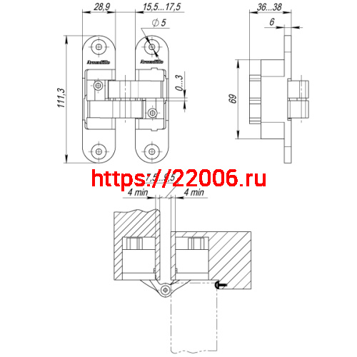Петля Armadillo (Армадилло) скрытой установки U3D6200R AB правая (Architect 3D-ACH 60) бронза 60 кг фото 4