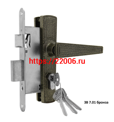 Замок Omega (Омега) врезной цилиндровый с защёлкой в комплекте с ручкой ЗВ7.01 (бронза), 4 кл.