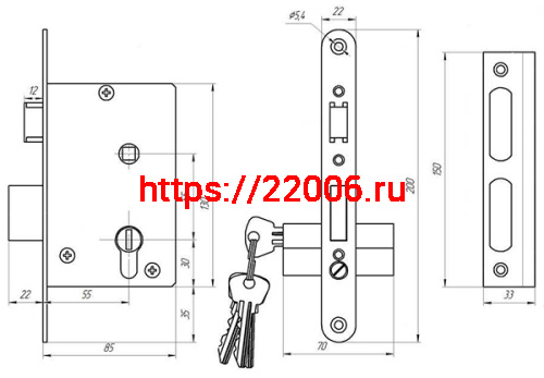 Замок Zenit (Зенит) врезной цилиндровый с защёлкой в комплекте с ручкой ЗВ4-3.05 (медь), 4 кл. фото 2