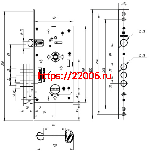Замок Fuaro (Фуаро) врезной сувальдный MDV25/S-60.85.3R16 4key фото 3