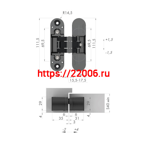 Петля Armadillo (Армадилло) скрытой установки U3D6000 AB (11160UN3D) бронза фото 2