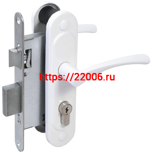 Замок Absolyute (Абсолют) врезной цилиндровый с защёлкой в комплекте с ручкой ЗВ4-3/07 (белый глянец), 4 кл.