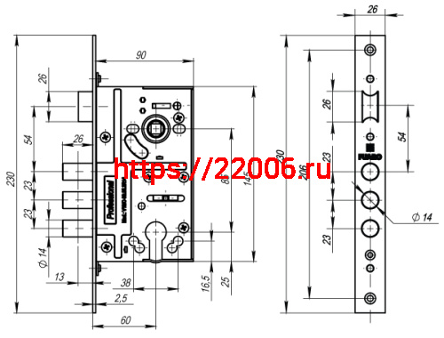 Корпус Fuaro (Фуаро) врезного замка c защёлкой MDV10/C-60.85.3R14 фото 3