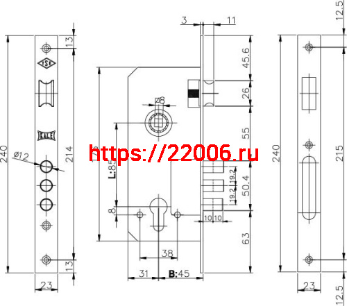 Корпус Kale kilit (Кале килит) врезного замка с защёлкой 152/3MR (45 mm) w/b (латунь) фото 3