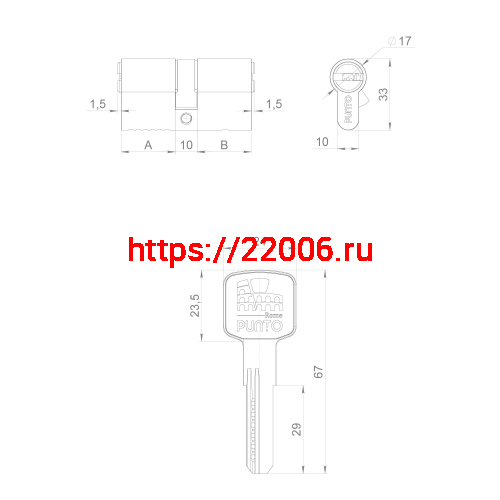 Цилиндровый Punto (Пунто) механизм Z3000Key90(35+10+45) СP хром фото 3