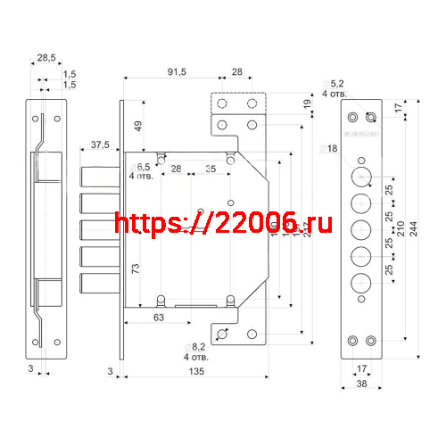 Замок Guardian (Гардиан) врезной сувальдный ЗВ 20.01 вп с тягами и верт. приводом, 4 кл. (длин. кл. 54 мм) /128:4443/ фото 2
