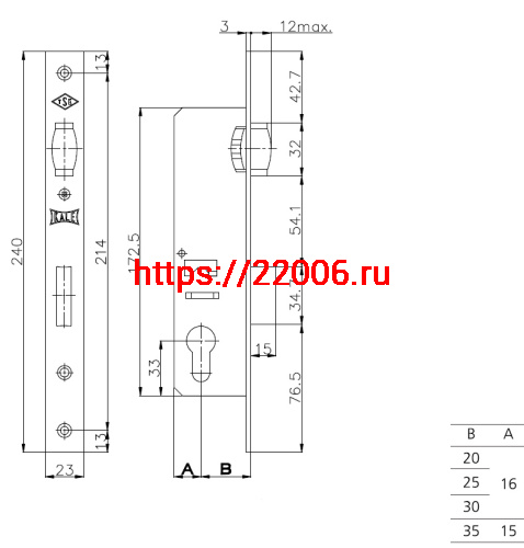 Замок Kale kilit (Кале килит) врезной цилиндровый узкопроф.155 (20 mm) (латунь) 3 кл. фото 3 Замок Kale kilit (Кале килит) врезной цилиндровый узкопроф.155 (20 mm) (латунь) 3 кл. фото 3