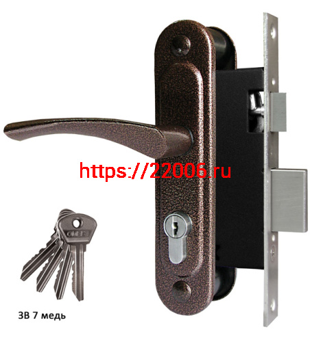 Замок Omega (Омега) врезной цилиндровый с защёлкой в комплекте с ручкой ЗВ7 (медь), 4 кл. Замок Omega (Омега) врезной цилиндровый с защёлкой в комплекте с ручкой ЗВ7 (медь), 4 кл.