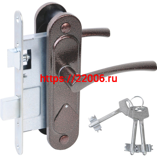 Замок Absolyute (Абсолют) врезной сувальдный с защёлкой в комплекте с ручкой ЗВ9.2-07 (медь антик), 3 кл.