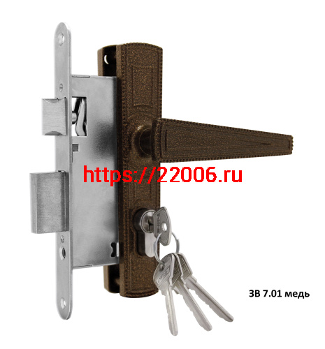 Замок Omega (Омега) врезной цилиндровый с защёлкой в комплекте с ручкой ЗВ7.01 (медь), 4 кл.