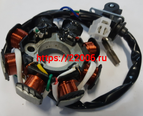 Статор генератора 139QMB 50cc 8 катушек (2 индукционные катушки) фишка 3 конт.+2 провода Статор генератора 139QMB 50cc 8 катушек (2 индукционные катушки) фишка 3 конт.+2 провода
