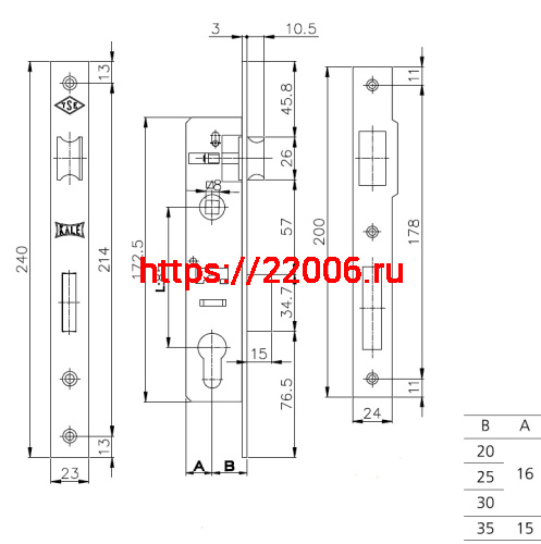 Корпус Kale kilit (Кале килит) узкопрофильного замка с защёлкой 153 (20 mm) w/b (никель) фото 3